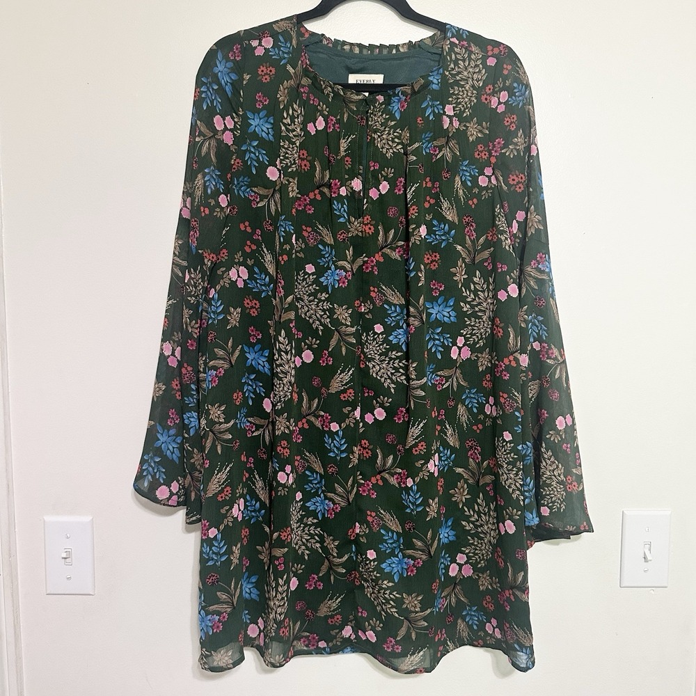 EVERLY Anthropologie Women's Green Floral Print Key Hole Sheath Dress‎ Sz S